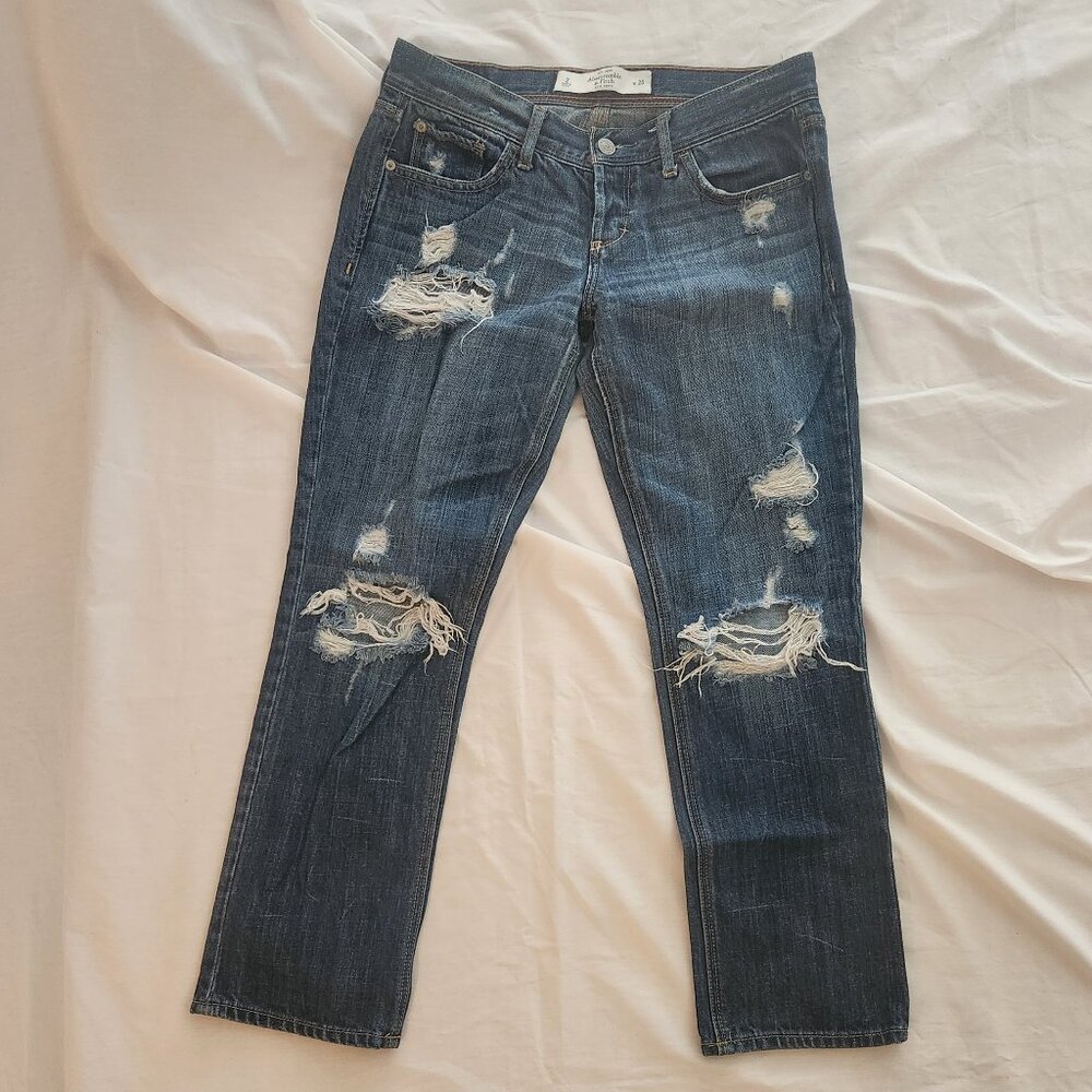 A&F Distressed Dark Wash Distressed Low Rise Straight Jeans Size 2 / 26